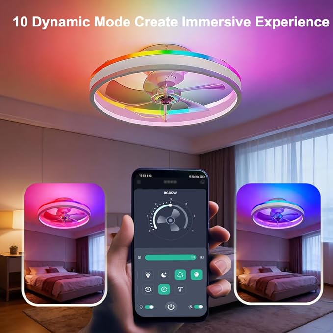 RGBCW 20" Flush Mount Low Profile Smart Ceiling Fan with Light, App & Remote Control, 6 Speeds Reversible, 3CCT Dimmable LED Bladeless Fandelier Quiet DC Motor for Bedroom Living Room