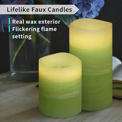 FURORA LIGHTING Green Ombre Flameless Candles - Real Wax, Adjustable Brightness, Remote & Timer - 4 Pillars (3x4, 3x6) and 4 Votives, 8-Pack, Battery Operated