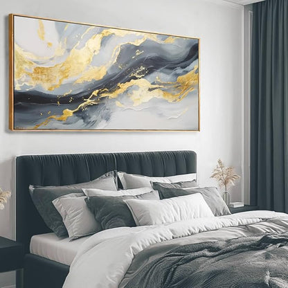 Framed Canvas Pictures Gold Wall Art Abstract Wall Art Blue Decor Metal Arts Large Prints Picture 24"x48" Artwork for Living Room Gallery Office