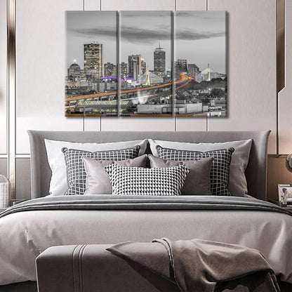 TUMOVO Boston Massachusetts USA Skyline Bathroom Decor Wall Art 3 Piece Bridges and Highways Nighttime Lightscape Black and White Wall Art Posters and Prints Framed Ready to Hang (36" Wx24 H)