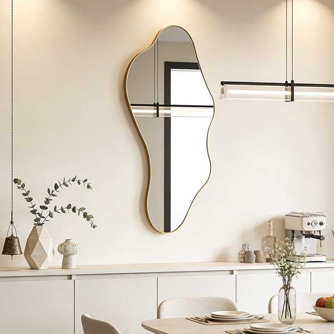 Irregular Mirror, 40"x18" Asymmetrical Wall Mirror with Gold Metal Frame, Odd Shaped Mirror, Modern Abstract Mirrors for Living Room Bedroom Hallway Entryway, Horizontal or Vertical Hanging