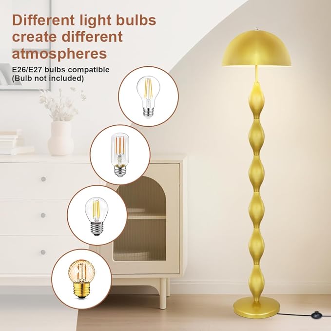 Floor Lamp Creative Mushroom Lamp, Gold Standing Lamp with Foot Switch, Creamy Style Modern Tall Lamp for Living Room, Bedroom, Office, Corner, E26/E27 Bulbs Compatible