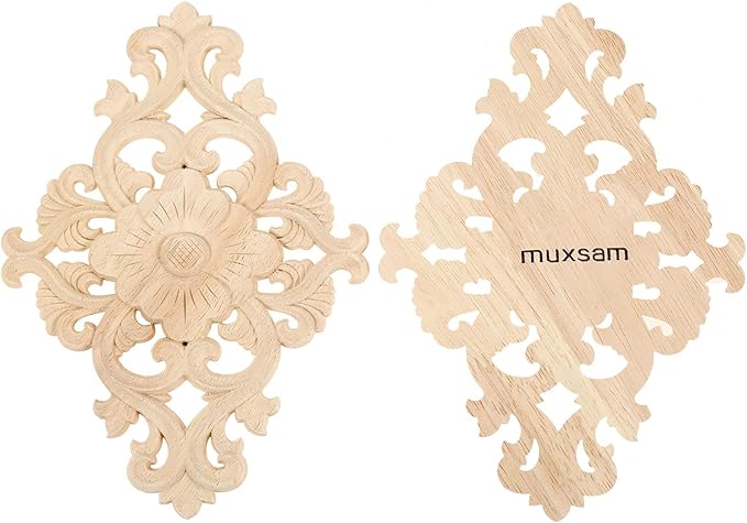 Wood Carved Appliques, 1Pc Wooden Decorative Onlays, MUXSAM Unpainted Furniture Center Decals for Cabinet Dresser Bed Door Wall Wardrobe Ceiling Decoration Home DIY Project, 21x15cm/8.27"x5.9"