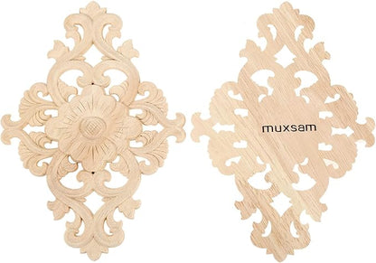 Wood Carved Appliques, 1Pc Wooden Decorative Onlays, MUXSAM Unpainted Furniture Center Decals for Cabinet Dresser Bed Door Wall Wardrobe Ceiling Decoration Home DIY Project, 21x15cm/8.27"x5.9"