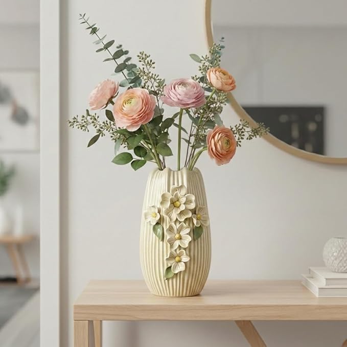 Yellow Ceramic Vase, 9 Inch Modern Centerpiece Vases Home Decor, Decorative Flower Vase for Pampas Grass, Kitchen, Fireplace, Living Room, Bathroom Decor