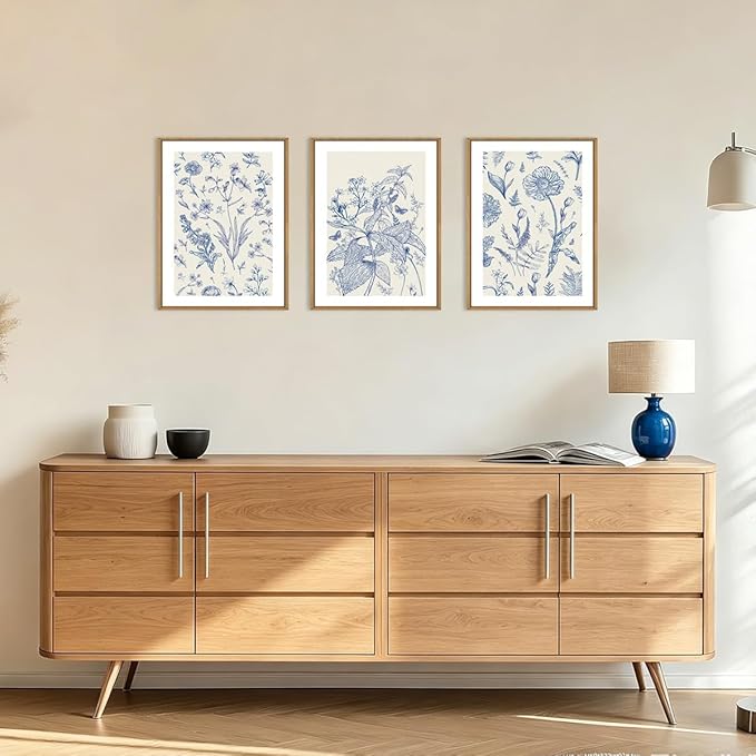 KAIRNE Navy Blue and White Floral Framed Canvas Wall Art Set,Chinoiserie Flower Wall Decor,Watercolor Botanical Art Prints,Modern Wildflower Artwork for Living Room,Bedroom,Farmhouse,Office-12 x16 x3