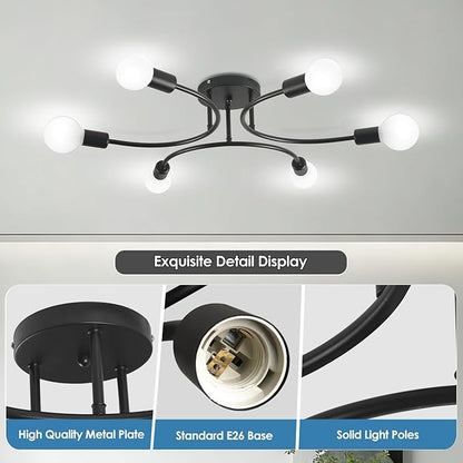 FRIXCHUR 6-Light Sputnik Chandelier, Black Mid-Century Modern Semi Flush Mount Ceiling Light, Metal Fixture with E26 Sockets for Bedroom, Living Room, Kitchen (Bulbs Not Included)