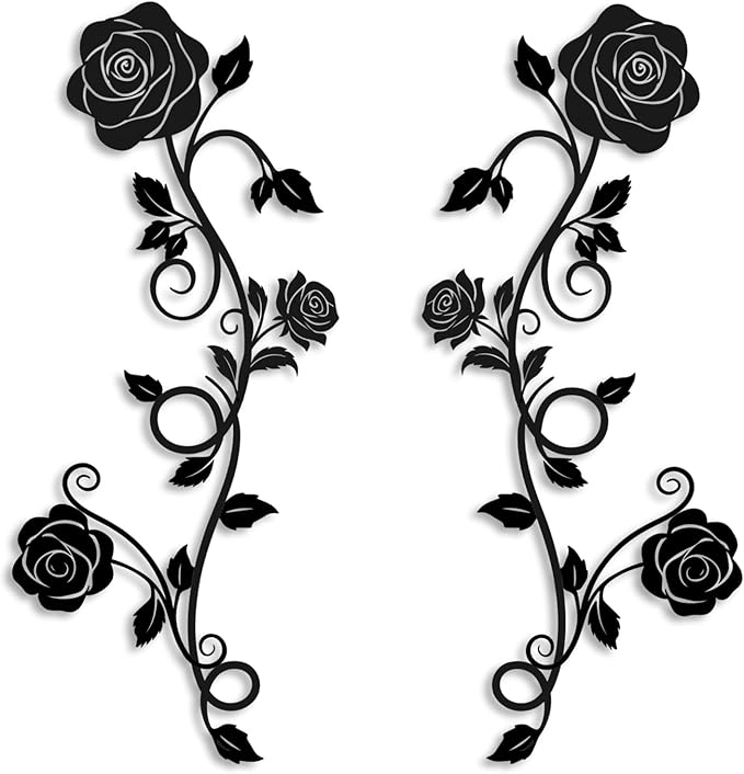 Pinetree Art 2 Pieces Metal Flower Wall Art Modern Vintage Rose Floral Branch Wall Decor for Living Room Hallway Bathroom (Black)