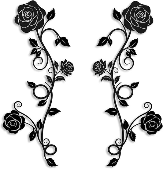 Pinetree Art 2 Pieces Metal Flower Wall Art Modern Vintage Rose Floral Branch Wall Decor for Living Room Hallway Bathroom (Black)