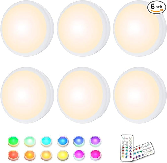 HELPLEX LED Puck Lights with Remote, 6 Pack Color Changing RGBW Stick-On Light, Battery Powered, Dimmable Under Cabinet Lighting with Timer & Memory, Wireless Push Lights for Kitchen & Closet