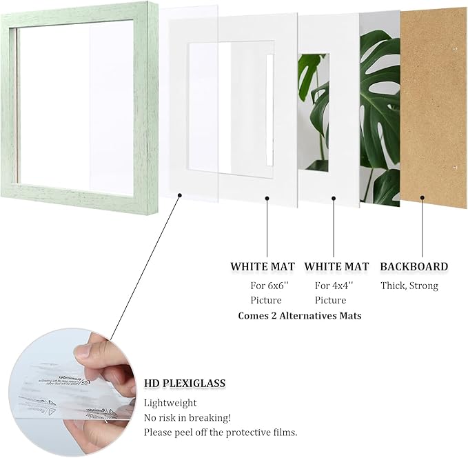 Egofine 8x8 Picture Frame 4PCS, Made of Solid Wood Covered by Plexiglass Display 4x4/6x6 with Mat or 8x8 without Mat, for Table Top Display and Wall Mounting Photo Frame, Rustic Green