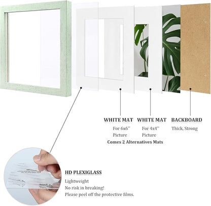Egofine 8x8 Picture Frame 4PCS, Made of Solid Wood Covered by Plexiglass Display 4x4/6x6 with Mat or 8x8 without Mat, for Table Top Display and Wall Mounting Photo Frame, Rustic Green