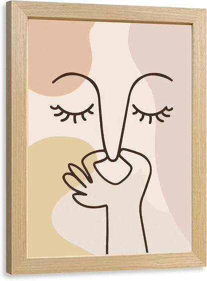 Cyebmo Boho Funny Bathroom Wall Art, Abstract Minimalist Face Line Art Wall Decor, Neutral Aesthetic Art Print, Modern Beige Poster Painting for Bedroom Living Room Wood Framed 8x10 Inch