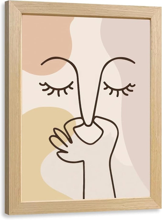 Cyebmo Boho Funny Bathroom Wall Art, Abstract Minimalist Face Line Art Wall Decor, Neutral Aesthetic Art Print, Modern Beige Poster Painting for Bedroom Living Room Wood Framed 8x10 Inch