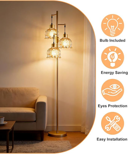 3-Light Modern Glass Floor Lamp, Gold Standing Tall Lamp with Amber Vertical Rib Glass Shade for Reading, Dimmable LED Floor Lamp with 5Lbs Heavy Base for Living Room Bedroom Home Decor, Bulb Included