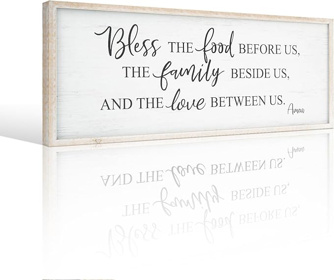 Bless The Food Before Us Home Decor Wall Sign For Family Kitchen Farmhouse Dining Room Vintage Rustic Retro Boho Wood House Wall Art Decoration For Living Room Bedroom 40 x 15 Inch white