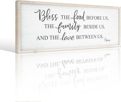 Bless The Food Before Us Home Decor Wall Sign For Family Kitchen Farmhouse Dining Room Vintage Rustic Retro Boho Wood House Wall Art Decoration For Living Room Bedroom 40 x 15 Inch white