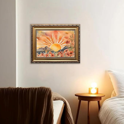 WZGZXU Gold Framed Wall Art Boho Wall Decor Sunset Canvas Art Sun Pictures Wildflower Paintings Landscape Prints Watercolor Artwork For Living Room Bedroom Office