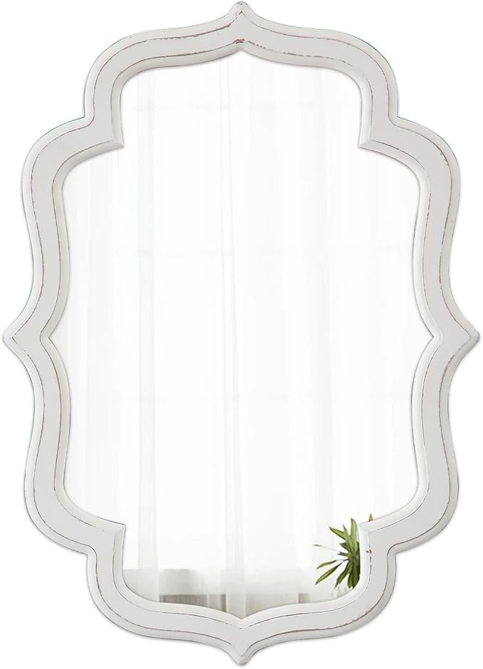Vintage Oval Wall Mirror 22 X 30 Inch, Hanging Distressed White Scalloped Rustic Wood Wall Mirrors for Bathroom Bedroom Living Room, Farmhouse Entryway Mirror, Horizontal or Vertical