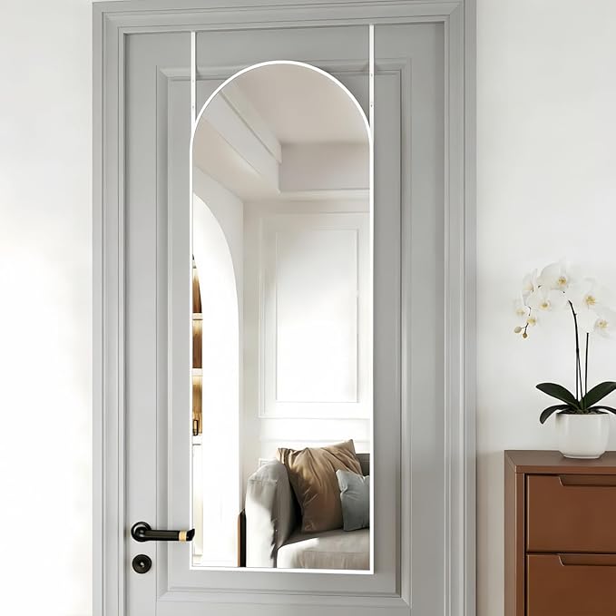 Dewfig Door Mirror with Stand, Arched Full Length Mirrors Over The Door, 16"x 50" Hanging or Wall Mirror, Full Body Mirrors for Bedroom,Living Room,White