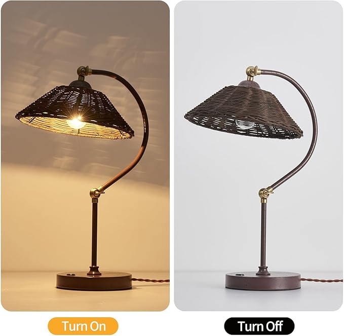 2 Pack Woven Rattan Table Lamp, Boho Plug in Handmade Rattan Shade & Anti-Rust Iron Base Desk Lamp, Plug & Play Vintage Dark Brown Bedside Lamp for Living Room, Office, Bedroom 【Bulb Included】