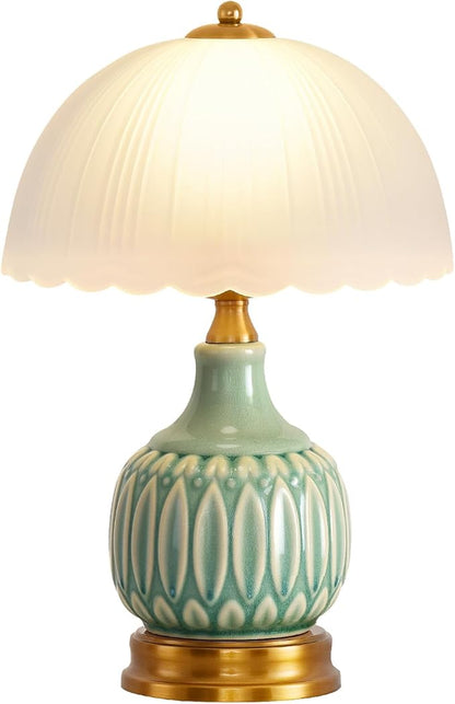 Table Lamps Ceramic Retro Lamp for Living Room,15.7" Modern Bedside Nightstand Traditional Lamps, Classic Chinoiserie Green Glass Lamp for Home (Retro)