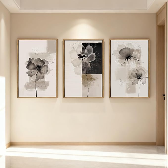 IARTTOP Oversized Framed Black Abstract Neutral Wall Art 24x36 Inch Large Modern Beige Gray Floral Canvas Wall Decor Minimalist White Flower Art Prints for Living room Bedroom Set of 3