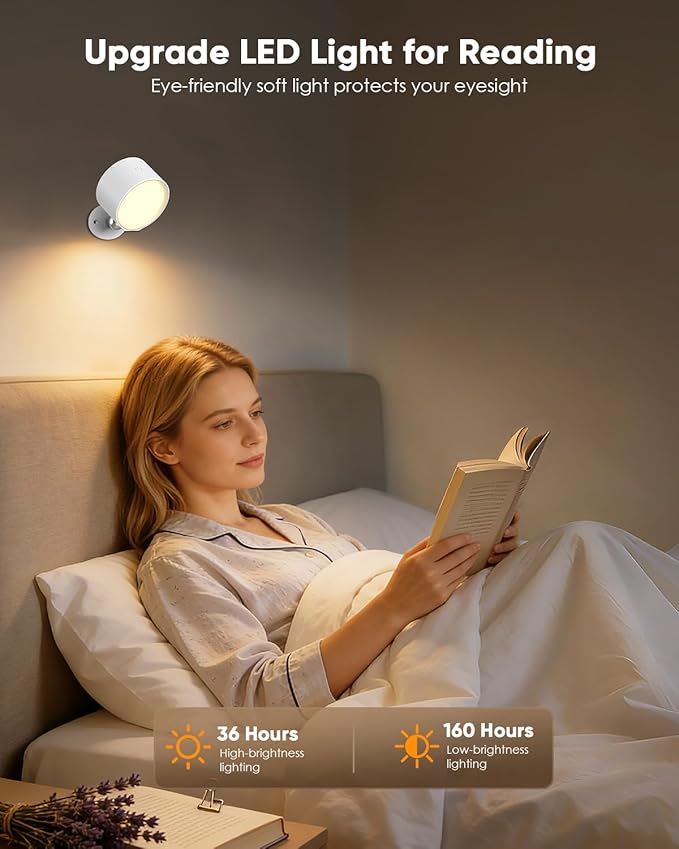 LED Wall Mounted Lights 2 Pcs with Remote, Rechargeable Wall Sconce with 3 Color Temps & Dimmable Magnetic 360° Rotation Cordless Light for Bedroom Reading Bedside (White, 1 Pack)