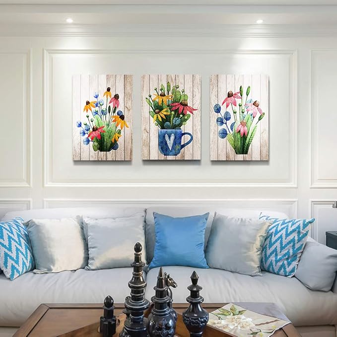 Canvas Wall Art For Kitchen Wall Decoration For Living Room Large Size Wall Decor For Bedroom Room Decor Vintage Wood Plant Flowers Wall Painting Office Wall Pictures Artwork Home Decor 3 Piece