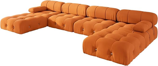 138'' Modular Sectional Couch, U-Shaped Velvet Sofa with Reversible Chaise Ottoman, Minimalist 6-Seat Bubble Sofa, Modern Cloud Sectional Couches for Living Room, Apartment (6 Seats, Orange)