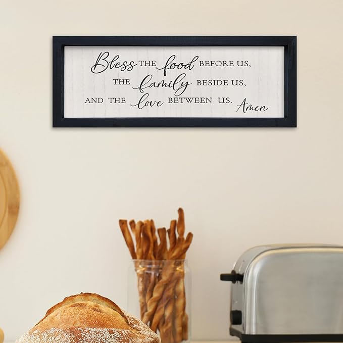 comurdyo Modern Religious Holy Dining Room Bless the Food Before Us Prayer Sign Wall Decor 16"×6" Framed Wood for Small Rustic Minimalist Christian Catholic Kitchen Wall Art Hanging (Black)