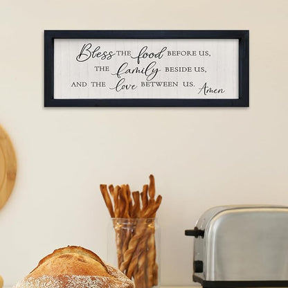 comurdyo Modern Religious Holy Dining Room Bless the Food Before Us Prayer Sign Wall Decor 16"×6" Framed Wood for Small Rustic Minimalist Christian Catholic Kitchen Wall Art Hanging (Black)