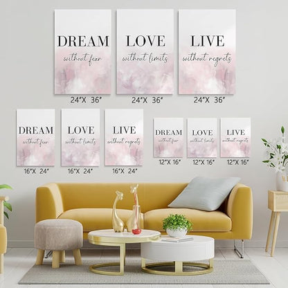 GUBIYU Dream Love Live Quotes Posters Print Set of 3 Pink Purple Love Quotes Wall Art, Dream Without Fear, Live Without Regrets Inspirational Wall Decor 16"X24"