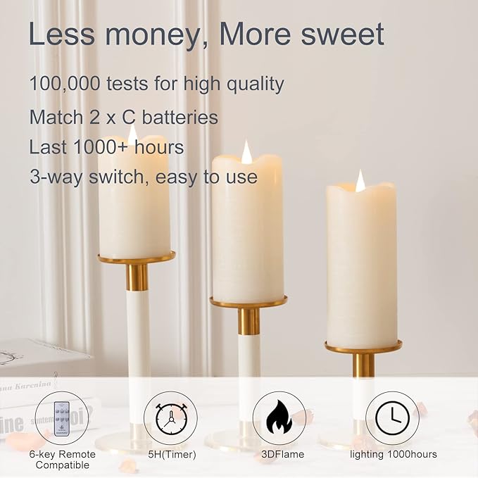 TECHLONG Flickering Flameless Candles with 3D Moving Flame Set of 3(H 5" 6" 7" x D 3"), Last 1000+ Hours Battery Operated Candles with Remote Timer, Ivory Real Wax Electric LED Pillar Candles