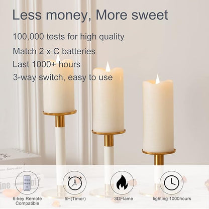 TECHLONG Flickering Flameless Candles with 3D Moving Flame Set of 3(H 5" 6" 7" x D 3"), Last 1000+ Hours Battery Operated Candles with Remote Timer, Ivory Real Wax Electric LED Pillar Candles