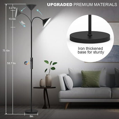 mukuxin 76" LED Floor Lamp, 18W/1800LM Super Bright Reading Standing Lamp,Stepless Dimmable&Adjustable Color Temperature 2700K-6500K w/Remote& Touch Control Lamps for Living Room Bedroom Office Black