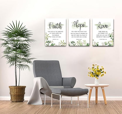 Faith, Hope & Love Bible Verse Inspirational Wall Art, Christian Canvas, A Great Religious Decor Gift for Living Room & Bedroom, (29 x 38cm x 3pcs) Framed (Green)