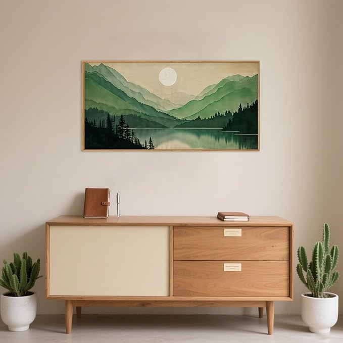Watercolor Mountain Framed Canvas Wall Art Set, Boho Sun Forest Wall Decor, Green Scenery Wall Painting, Modern Woodland Artworks for Living Room, Bedroom, Dining Room, Office-20 x40x1