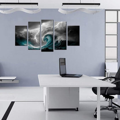 Biuteawal 5 Panel Black White Canvas Print Storm Sea Wall Art Blue Ocean Wave Seascape Pictures Nature Lightning Artwork Cool Nature Painting Poster Prints Stretched Framed Modern Home Living Room