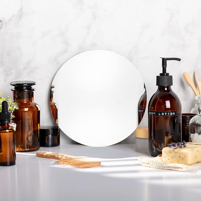 12 inch Glass Round Mirror with Adhesive Tapes, Frameless Wall Mounted Circle Mirror for Wall Door Home Bathroom Bedroom Living Room Decor