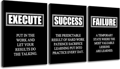 Motivational Poster Success Quote Inspirational Canvas Painting Wall Art Execute Failure Definition 3 Pieces Black Positive Framed Artwork Prints Picture for Living Room Office [36''W X 16''H]
