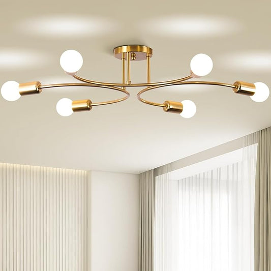 FRIXCHUR 6-Light Sputnik Chandelier, Gold Mid-Century Modern Semi Flush Mount Ceiling Light, Metal Fixture with E26 Sockets for Bedroom, Living Room, Kitchen (Bulbs Not Included)