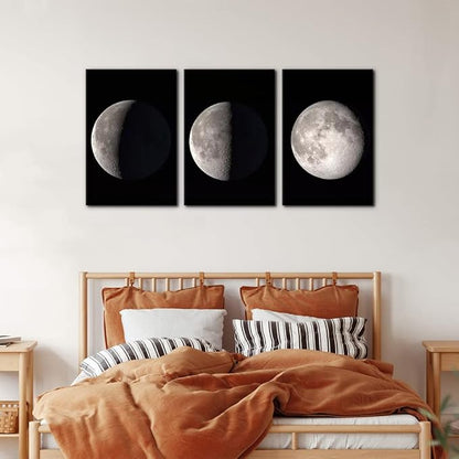 Pacimo Moon Canvas Prints Wall Art Space Pictures Paintings Modern Gallery Wrapped Black and White Abstract Sky Giclee Artwork for Living Room Bedroom Home Office Decor Ready to Hang - 16"x24"x3 Panel