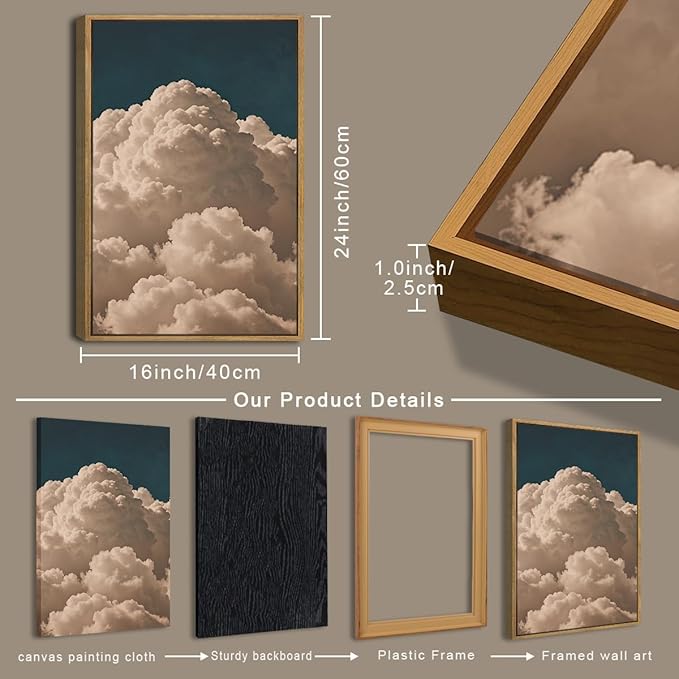IARTTOP Large Framed Cloud Blue Wall Art 16x24 Inch Navy Cloud Canvas Painting Modern Abstract Sky Landscape Wall Decor for Living Room Bedroom Dining room Set of 3