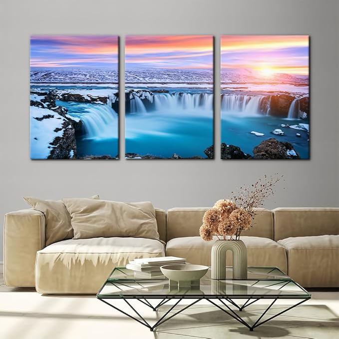 Pacimo 3 Pieces Canvas Wall Art Tropical Waterfall Pastel Sunset Horizon Pictures Prints Nature Landscape Modern Artwork for Walls Painting Home Office Wall Decor Framed Ready to Hang - 20"x28"x3