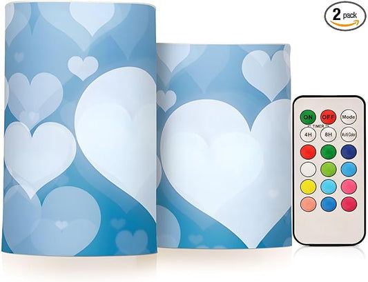 Valentines Lights Flameless Candles Blue Abstract Heart Pillar Candles Set of 2 Battery Operated Remote Control Warm Lights Home Decor
