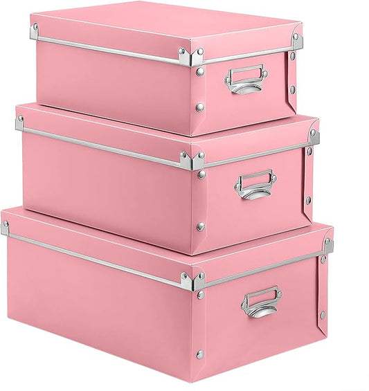 SEEKIND Storage Box, Decorative Storage Bins with Lid,3 in 1 Set,Plastic,with Handles,Press-Stud Fastening,Moisture-proof,Foldable for Space Saving Storage,for Clothes,Cosmetic,Blankets (Pink) … …