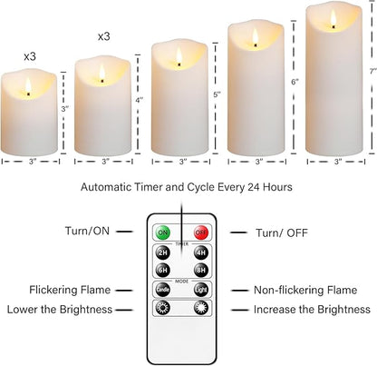 Nimiko Flameless Candles with Remote, Battery Operated Flickering Flameless Candles, LED Candles with Timer 2/4/6/8H, with Realistic LED Candles Set of 9 (D3 x H 3" 4" 5" 6" 7") (White)