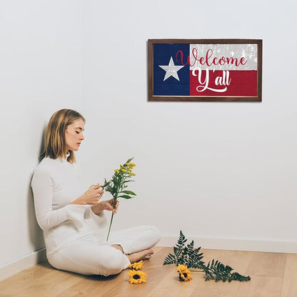 Welcome Y'all Sign for Front Door Decor, Texas Flag Wall Art, Welcome Decoration for Home, Rustic Wall Decoration, Wooden Framed Hanging Sign, 15×7.5×0.3 inches