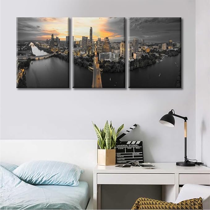 TUMOVO Austin Texas Skyline with Sunset Canvas Wall Art City Skyline Posters and Prints Bathroom Decor Wall Art 3 Panel Print on Canvas Stretched and Framed Ready to Hang (36" Wx16 H)